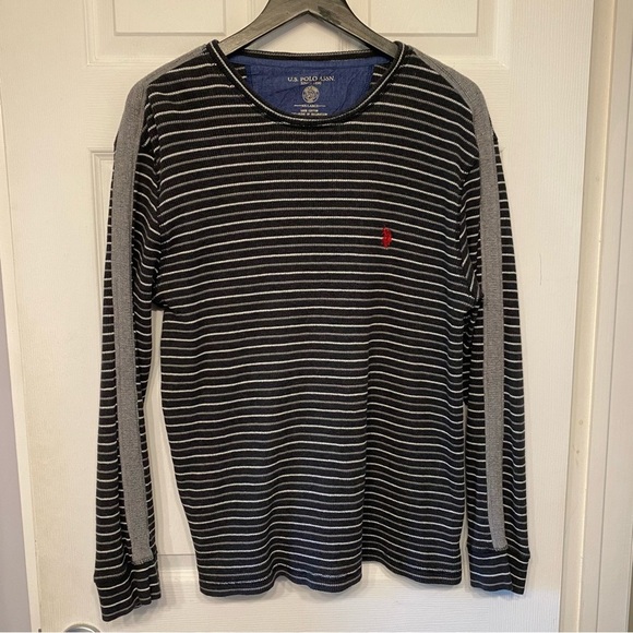 U.S. Polo Assn. Men's Black and Gray Striped Long Sleeve Tee - Picture 1 of 11